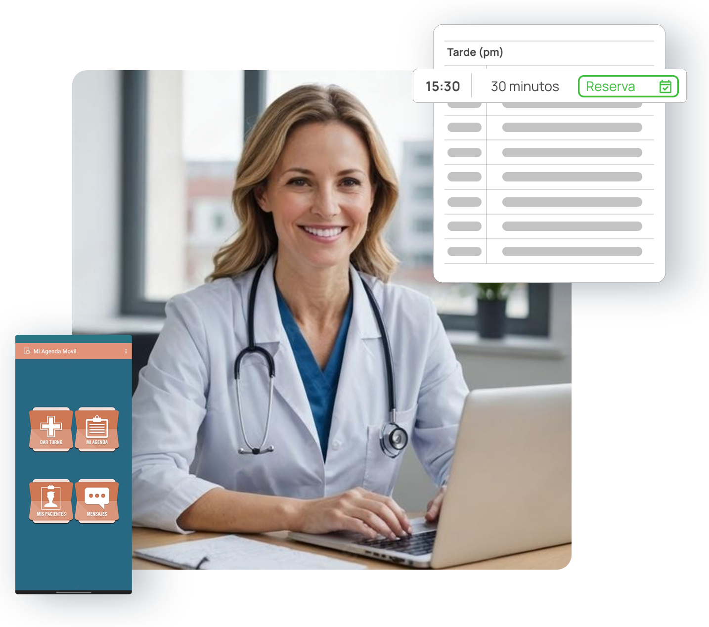Software de gestión administrativa con agenda a la vista con posibilidad de filtrar por profesional, especialidad y tipo de turno. 